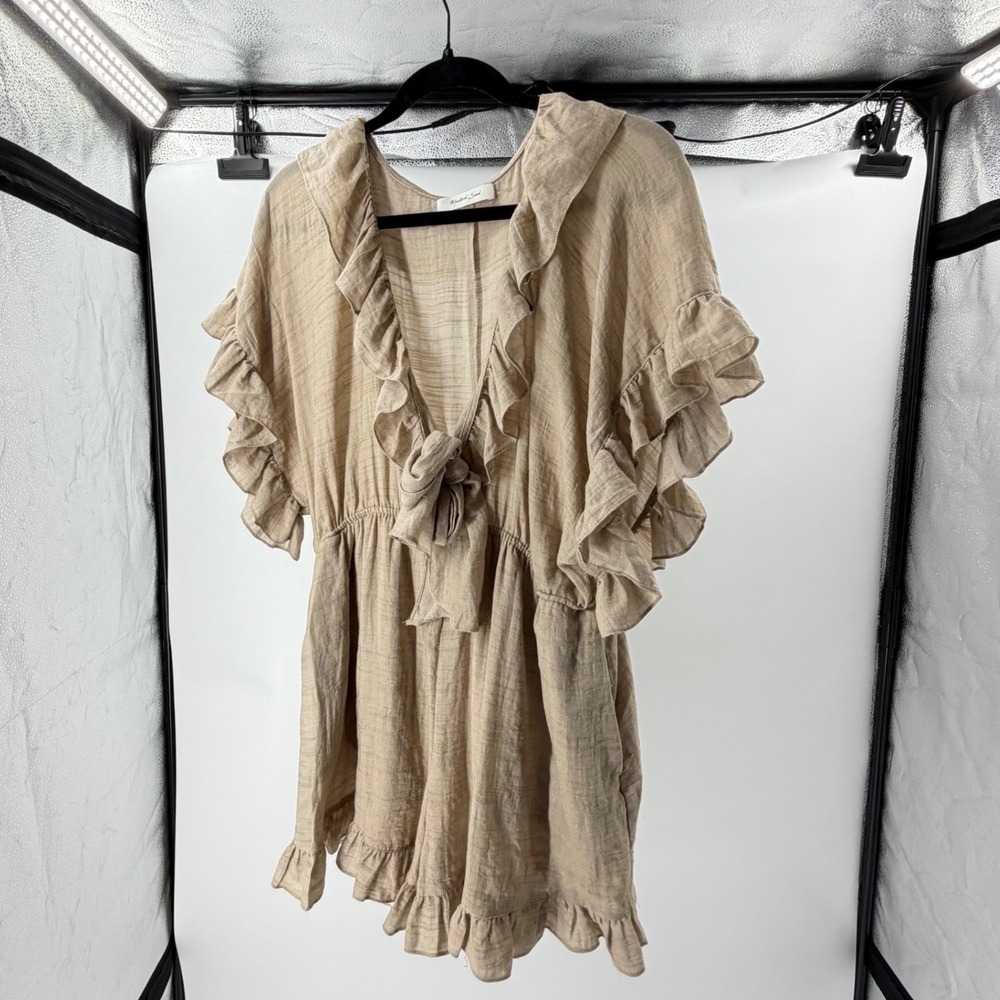 Mustard Seed Tan Ruffle Tie Front Romper Beige Boho V-Neck Short Sleeve XL